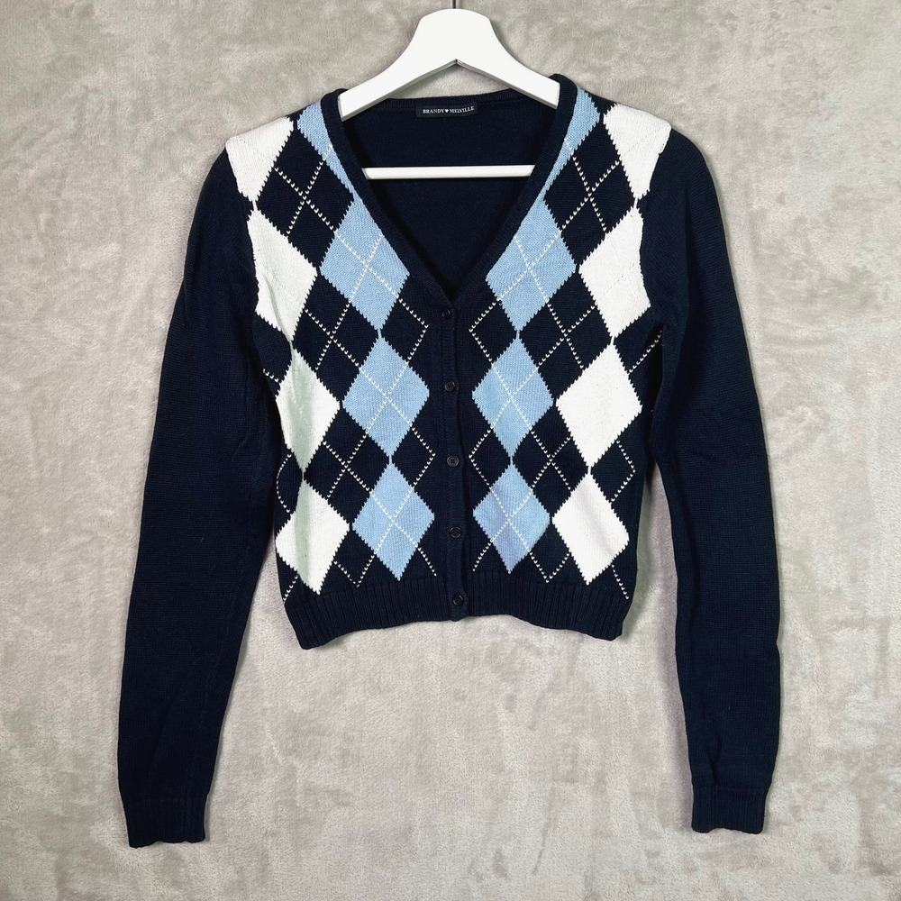 Brandy Melville Elizabeth Argyle Cardigan Sweater Navy Blue Button Preppy OS